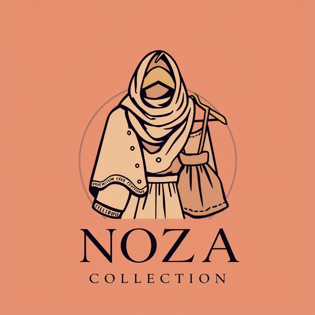 Main logo studio: NOZA COLLECTION — eye-catching premium clothing boutique logo, elegant hijab scarf combined with cute children’s clothing, a beautiful modest fashion 