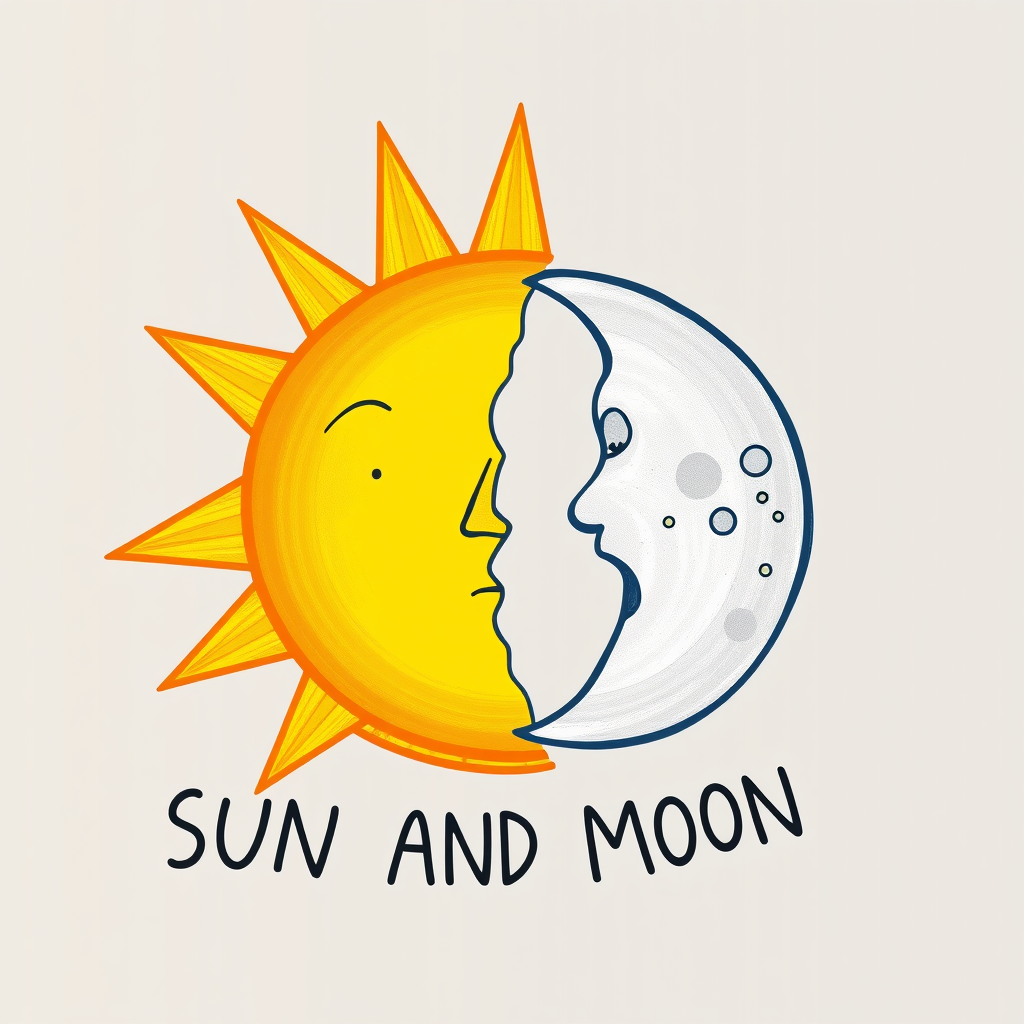 Main logo studio: make it like a kid has drawn it a sun and a moon with the words "SUN AND MOON" vector graphic style
