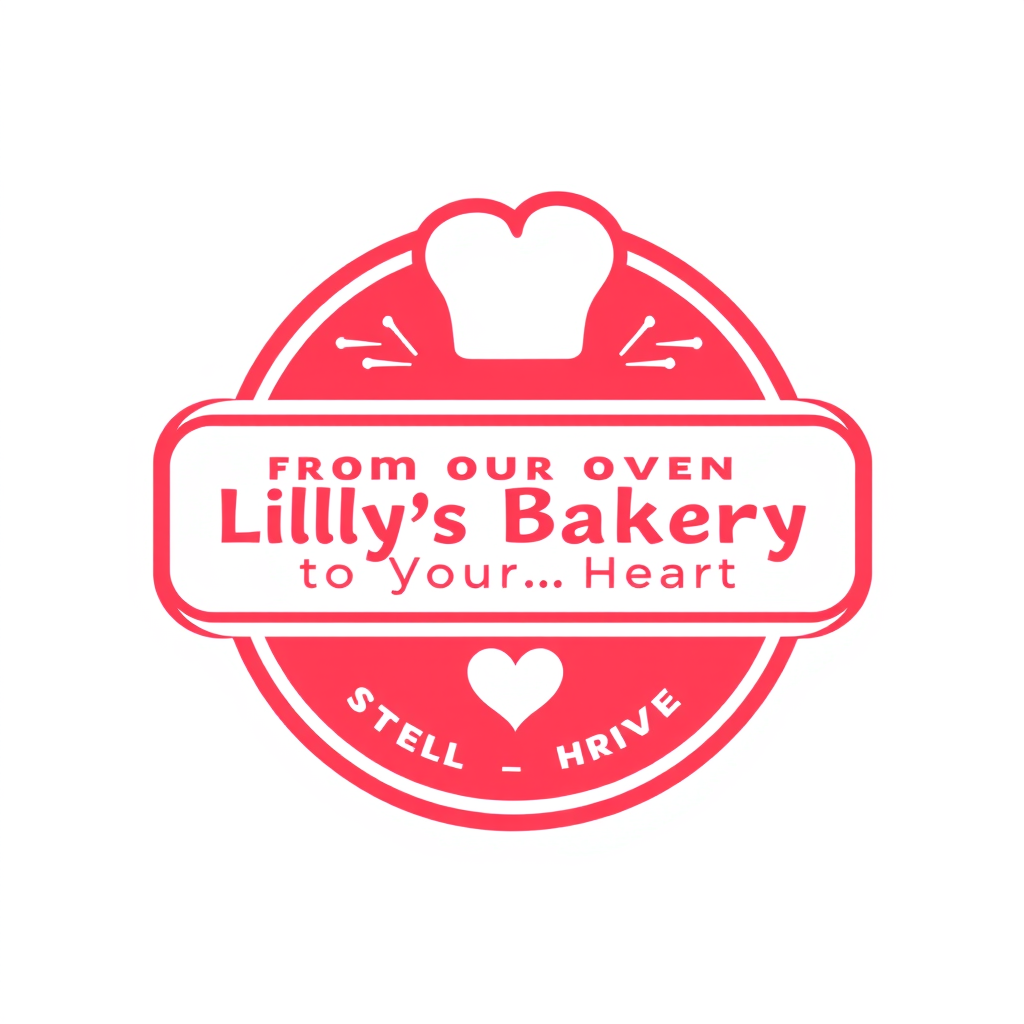 Badge Logo idea: badge logo for Lilly's Bakery, tech services,pink,white,red, slogo says; " From Our Oven to Your....Heart , bold badge design, text enclosed in a roun