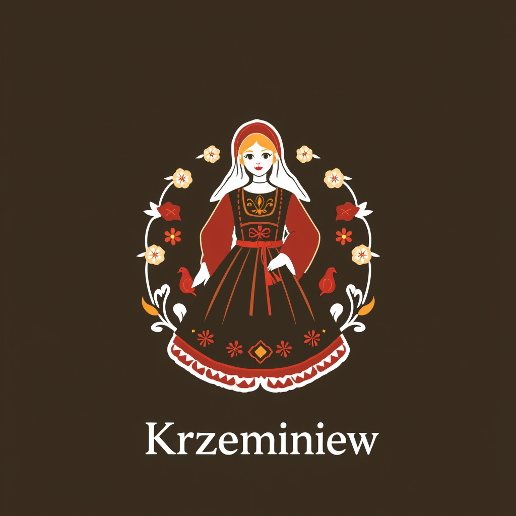 Main logo studio: Zaprojektuj radosne, efektowne logo dla „KGW Krzemieniew”, inspirowane polskimi dożynkami i folklorem. Centralnie umieść wiejską kobietę, otoczonegą w