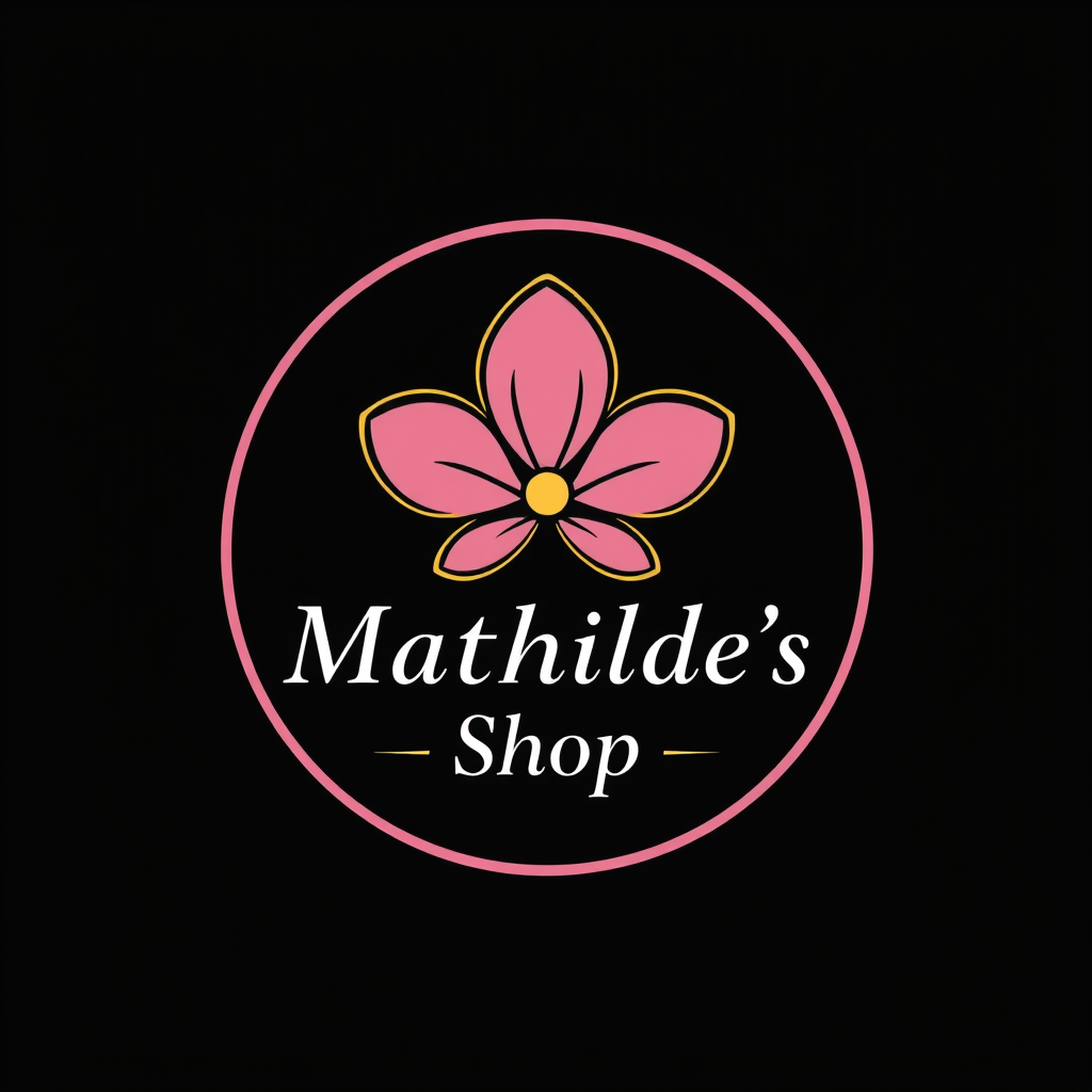 Main logo studio: Elegant jewelry shop logo, one-line flower inside a circle, pink, black and gold, cute and luxurious. Text: “Mathilde’s Shop” the tekst is undre and i