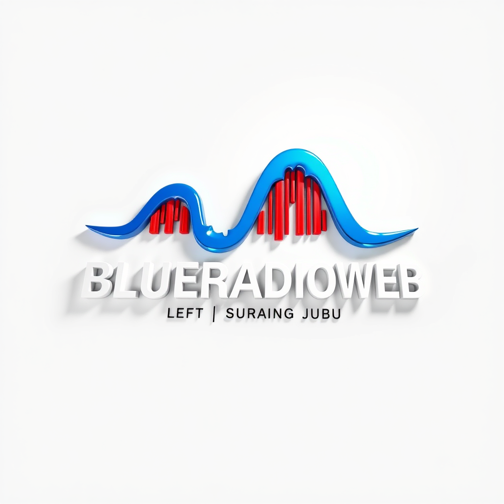3D Logo idea: 3D logo for BLUERADIOWEB -LISTEN TO YOUR MUSIC- a music brand form wave, white blue red , three-dimensional render, realistic depth and shadows, gloss