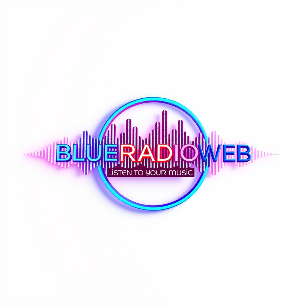 3D Logo idea: 3D logo for BLUERADIOWEB - LISTEN TO YOUR MUSIC - a music tech brand, 3D sound wave form, neon blue glow red , three-dimensional render, realistic dep