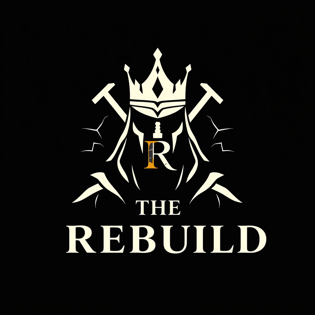 Main logo studio: Premium iconic logo for **THE REBUILD**. Concept: a broken, battle-worn soldier transforming into a powerful king — symbolizing struggle, rebuilding a