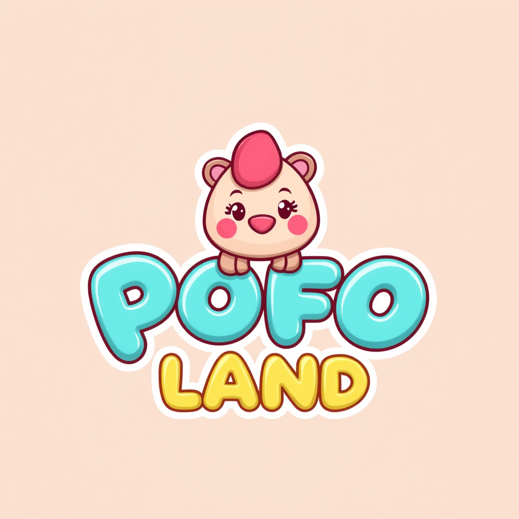 Main logo studio: Create a premium logo for “POFO LAND”, a playful kids DIY coloring brand. Feature an original cute fantasy mascot named Pofo, sculpted from soft color