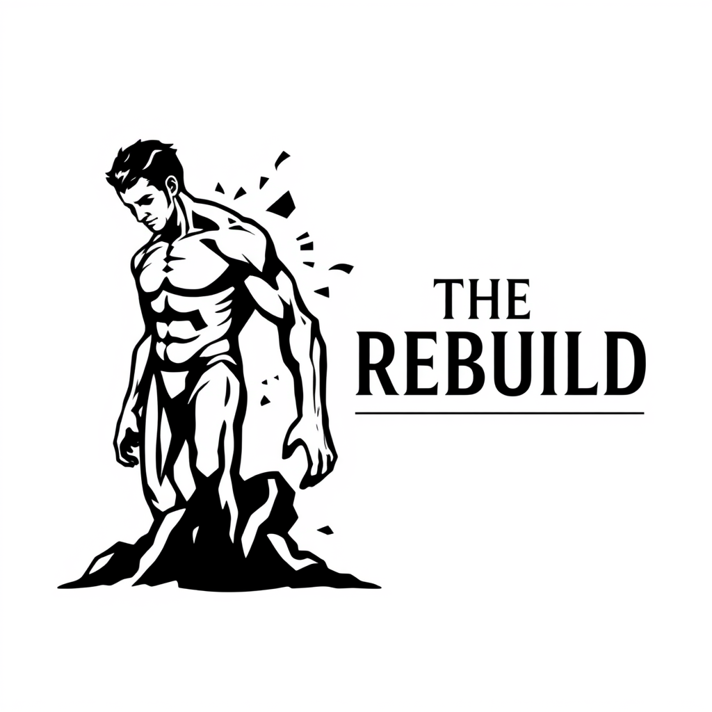 Main logo studio: Iconic luxury logo for THE REBUILD. One broken, battle-worn human figure gradually emerging into a stronger, refined version of himself — symbolizing 