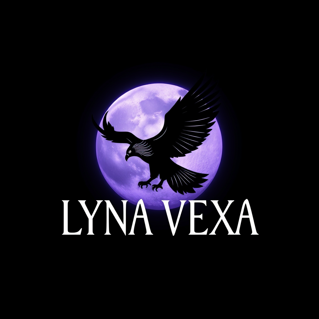 Main logo studio: LYNA VEXA — dark cosmic logo with a luminous full moon and a subtle condor drawn in delicate silver shamanic lines at its center, deep black shadows, 