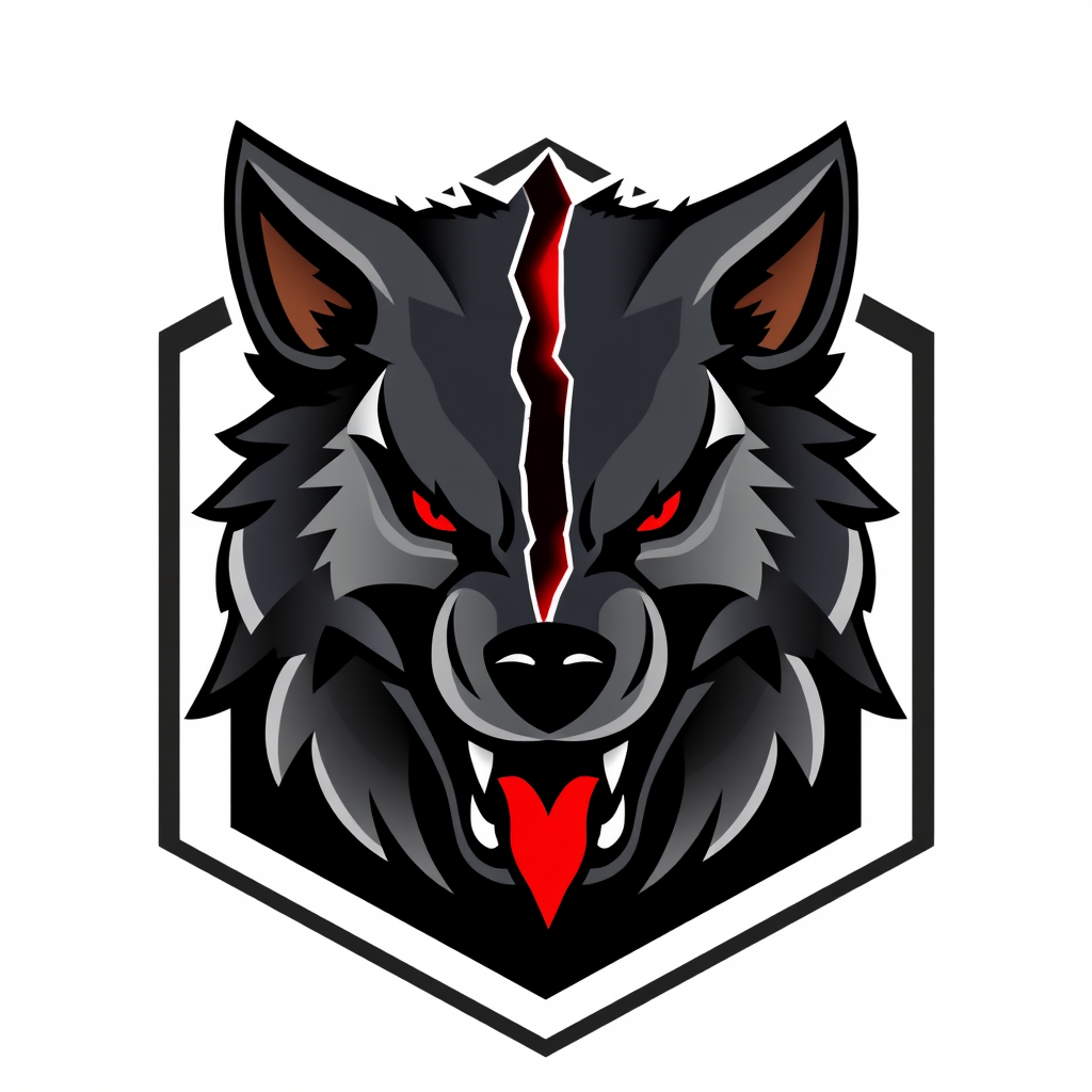 Main logo studio: Fierce esports mascot icon, front-facing symmetrical wolf head mid-roar, exposed sharp fangs, jagged angular fur spikes, intense glowing red eyes. Hea