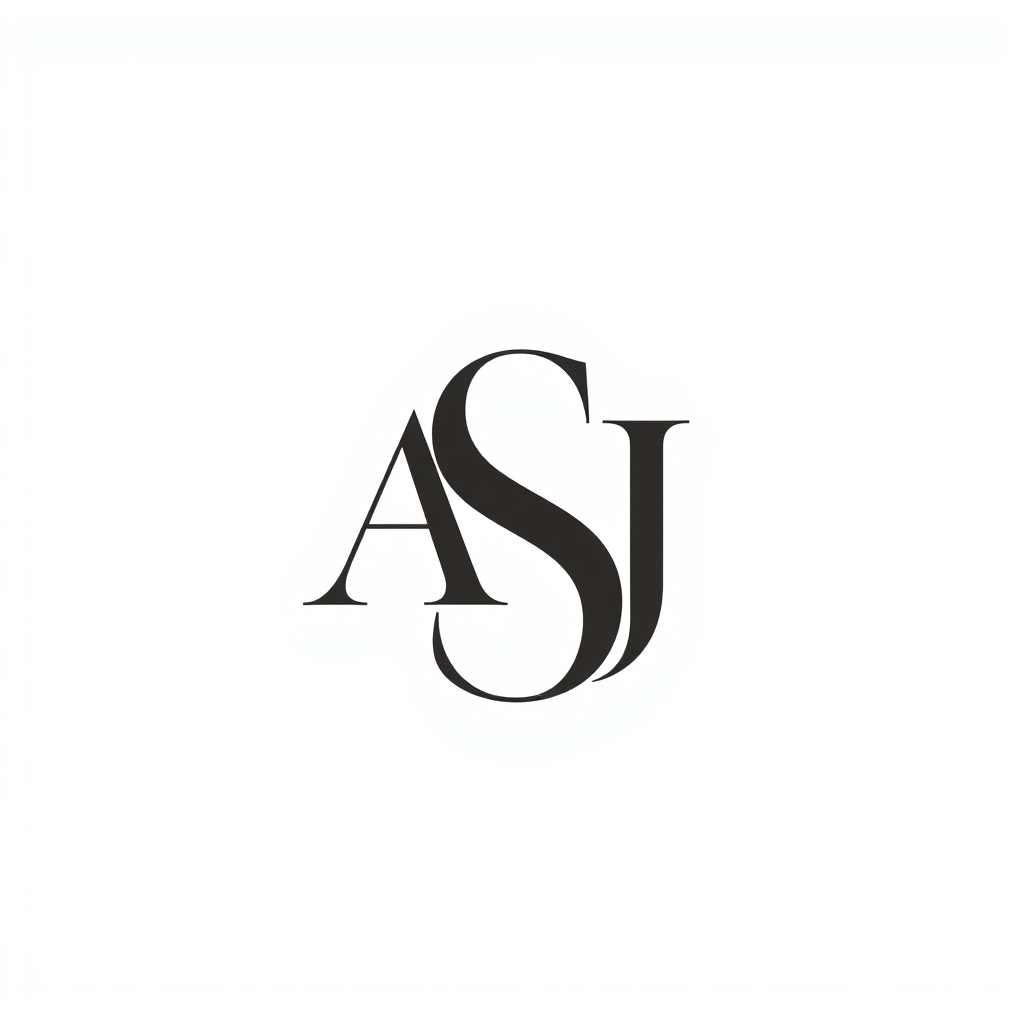 Lettermark Logo idea: lettermark logo of the letters ASJ , monogram initials, elegant typographic design, interlocking or stacked letters, flat vector logo, centered, solid