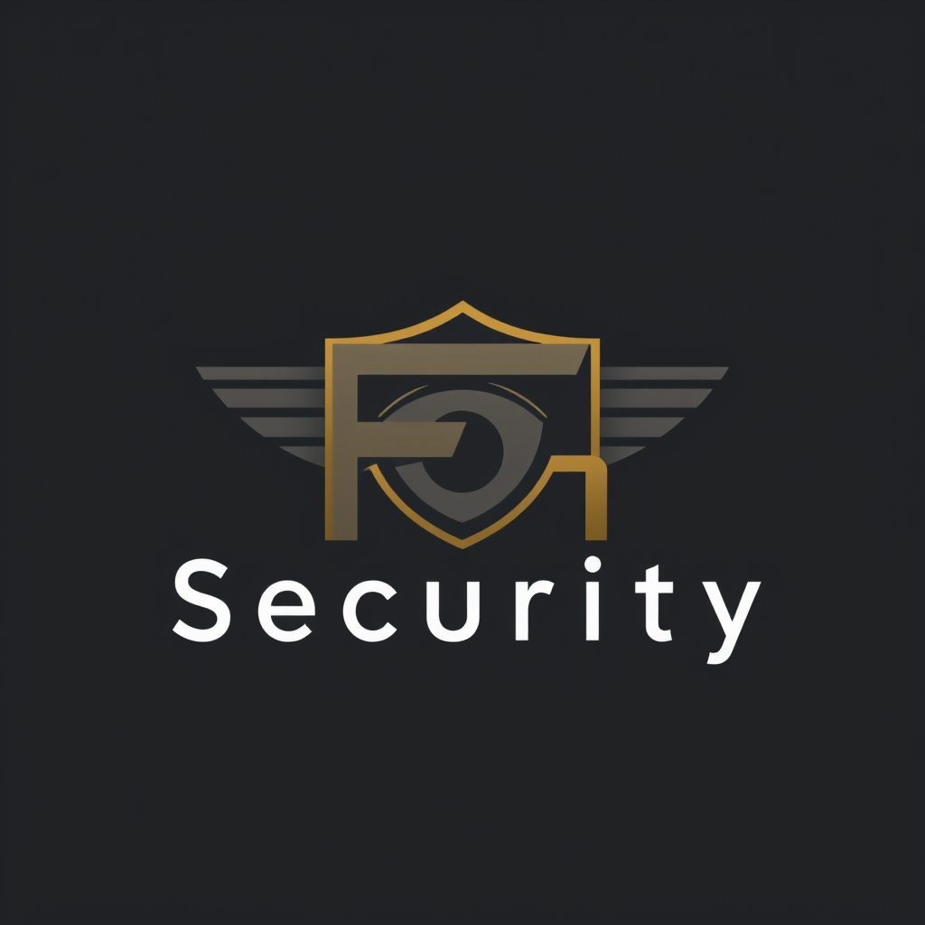 Main logo studio: Security company luxury minimalist monogram logo combining letters F and L, or FG, sleek modern surveillance lens or shield element, charcoal grey and