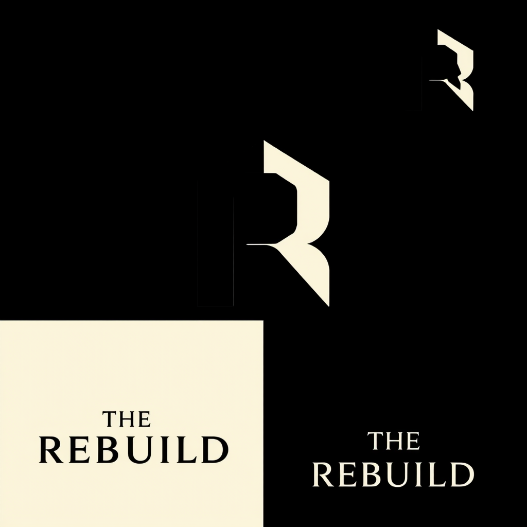 Main logo studio: Design a world-class luxury emblem for THE REBUILD. Create a bold, minimal symbol of transformation using architectural geometry: a perfectly structur