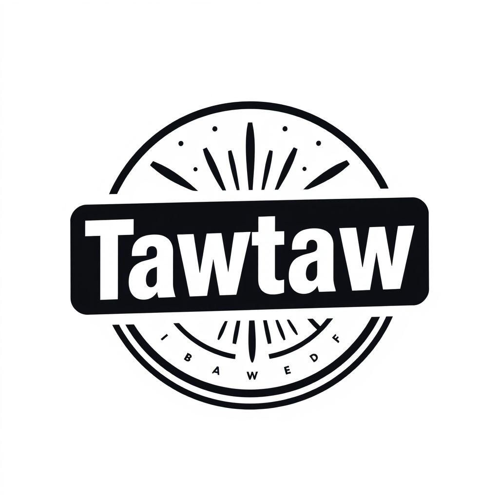 Badge Logo idea: badge logo for Tawtaw , bold badge design, text enclosed in a rounded rectangular or circular badge shape, thick border, clean typography, flat vector