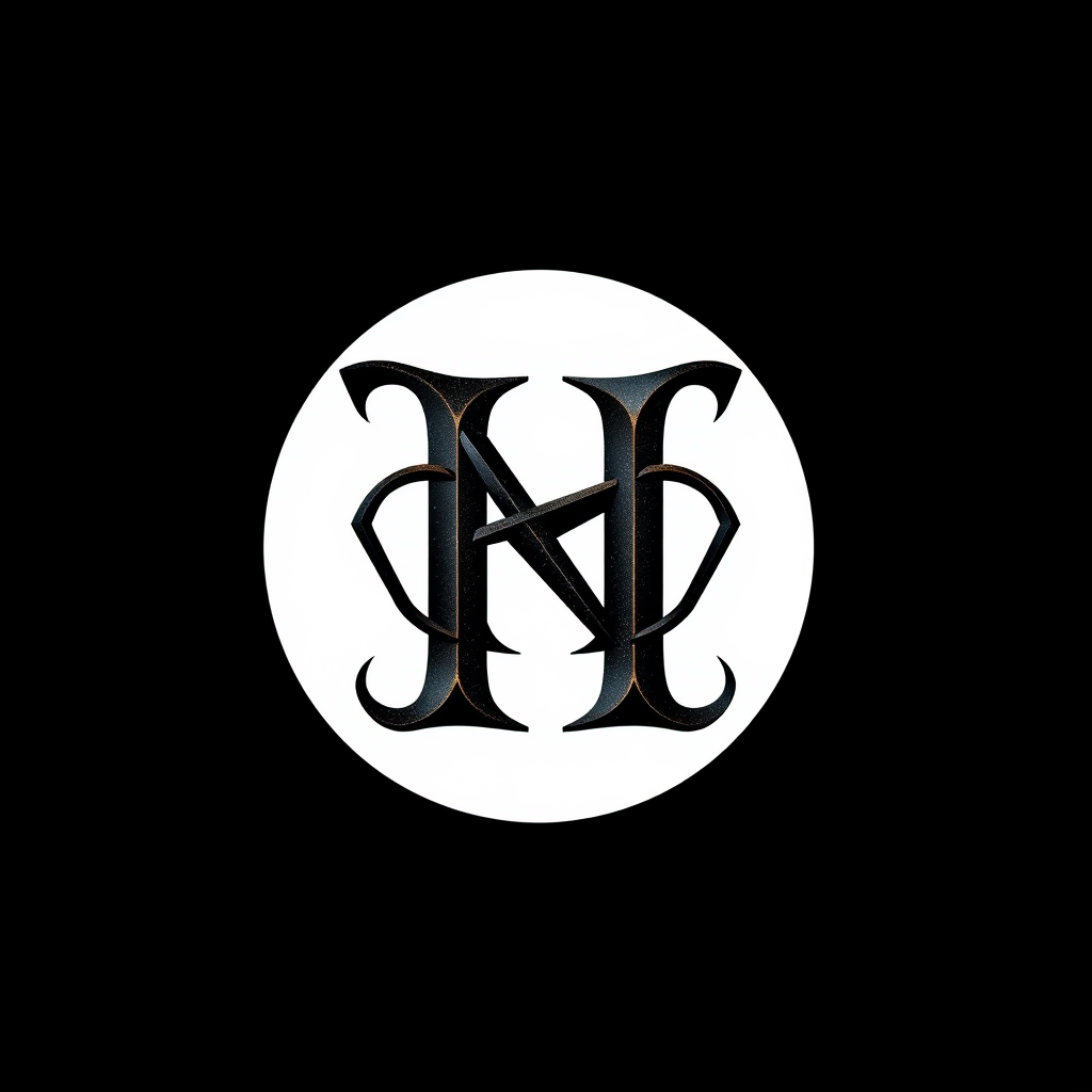 Lettermark Logo idea: lettermark logo of the letters N and H, a online gaming startup, Intertwined and mysterious letters, dark black and light golden. Gothic texture.Black