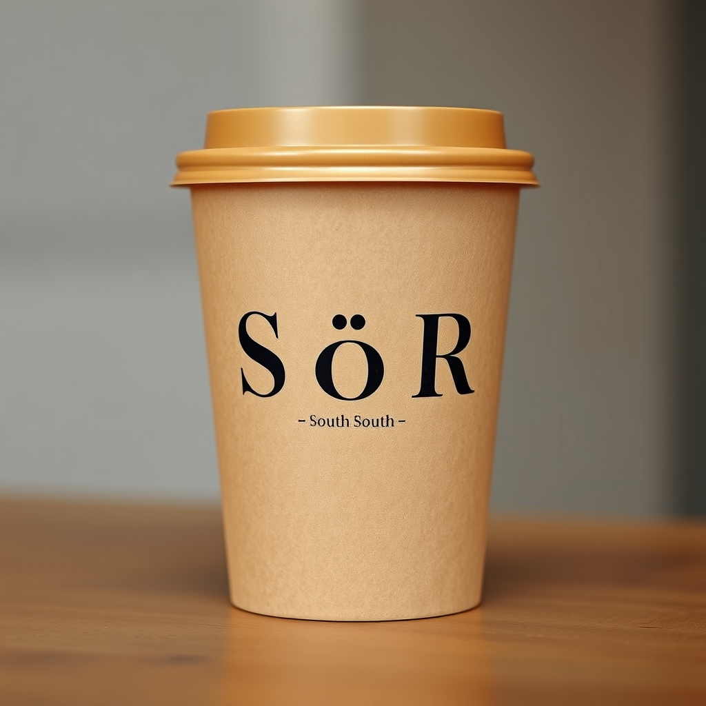 Main logo studio: Design a premium minimalist coffee brand logo printed directly on a **brown kraft paper takeaway coffee cup**. The exact brand name is **“SØR”** — spe