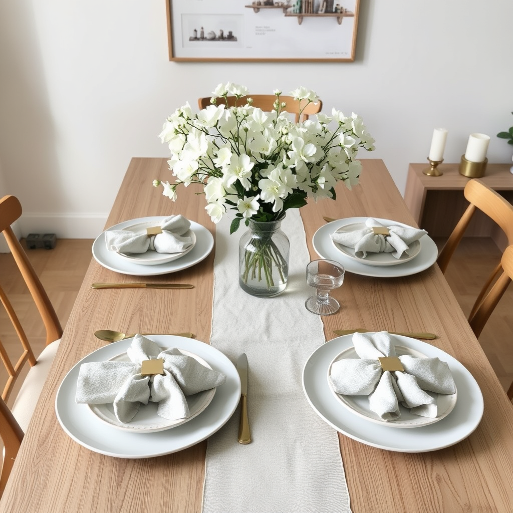 Main logo studio: Create a calm and elegant dining table using a palette of cream, beige, white, and soft natural wood. Add a linen table runner, 4 ceramic plates, fold