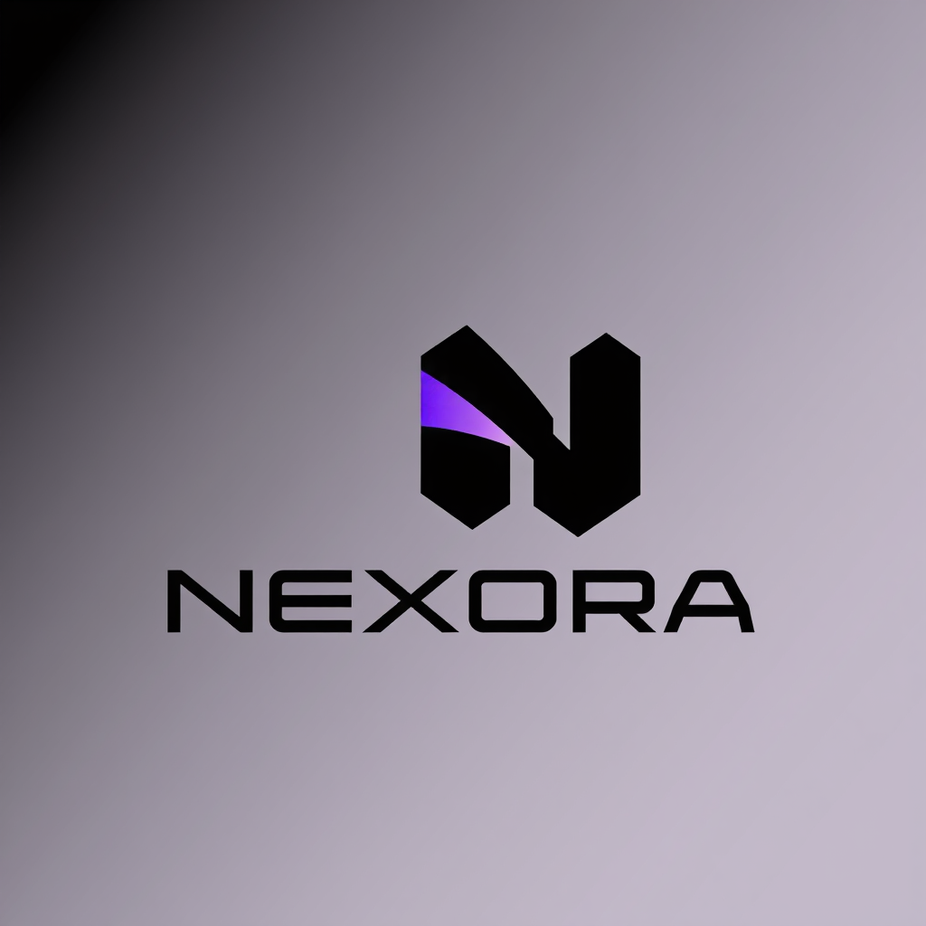 Main logo studio: Create a premium futuristic logo for a hardware store named "NEXORA". Make a unique geometric symbol by merging all six letters of NEXORA into one com