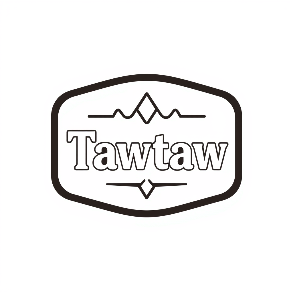 Badge Logo idea: badge logo for Tawtaw rectangle , bold badge design, text enclosed in a rounded rectangular or circular badge shape, thick border, clean typography, f