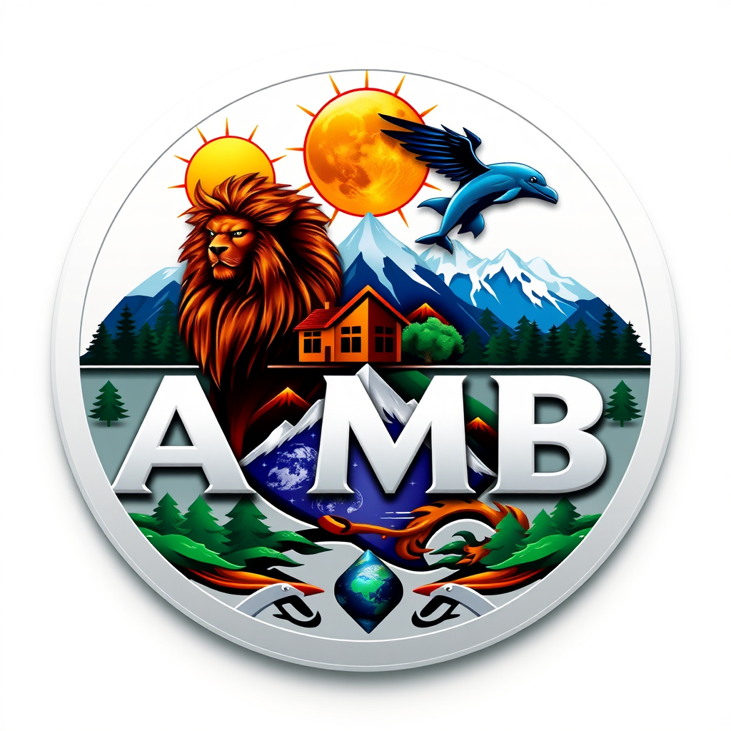 Main logo studio: Add to the previous logo: write "Amir Mohamad Bromand", "AMB", one separate "10" and one separate "100". Add realistic Sun, Moon and Earth. Include a 