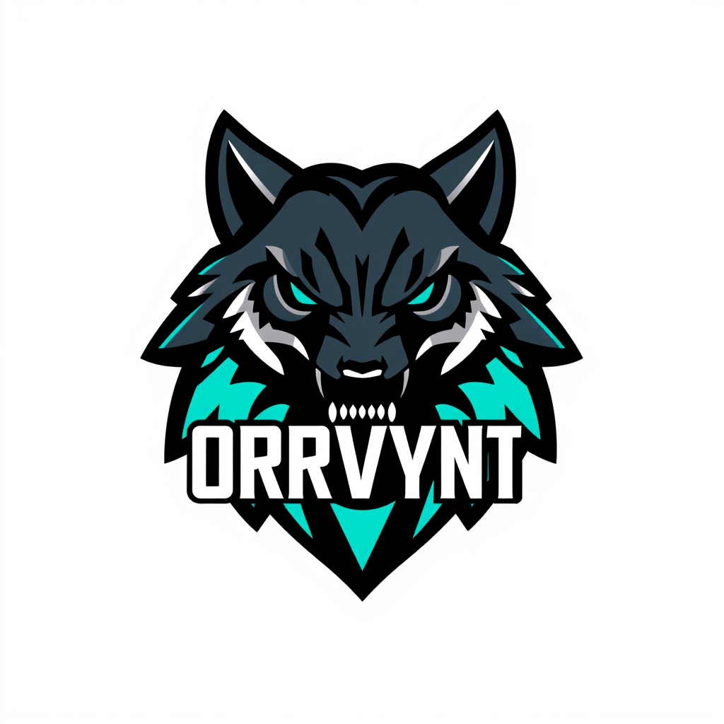 Wordmark Logo idea: wordmark logo of bold esports team emblem logo, a roaring wolf head, black and neon teal. NAME Orrvynt , bold clean typography, flat vector logo, cent