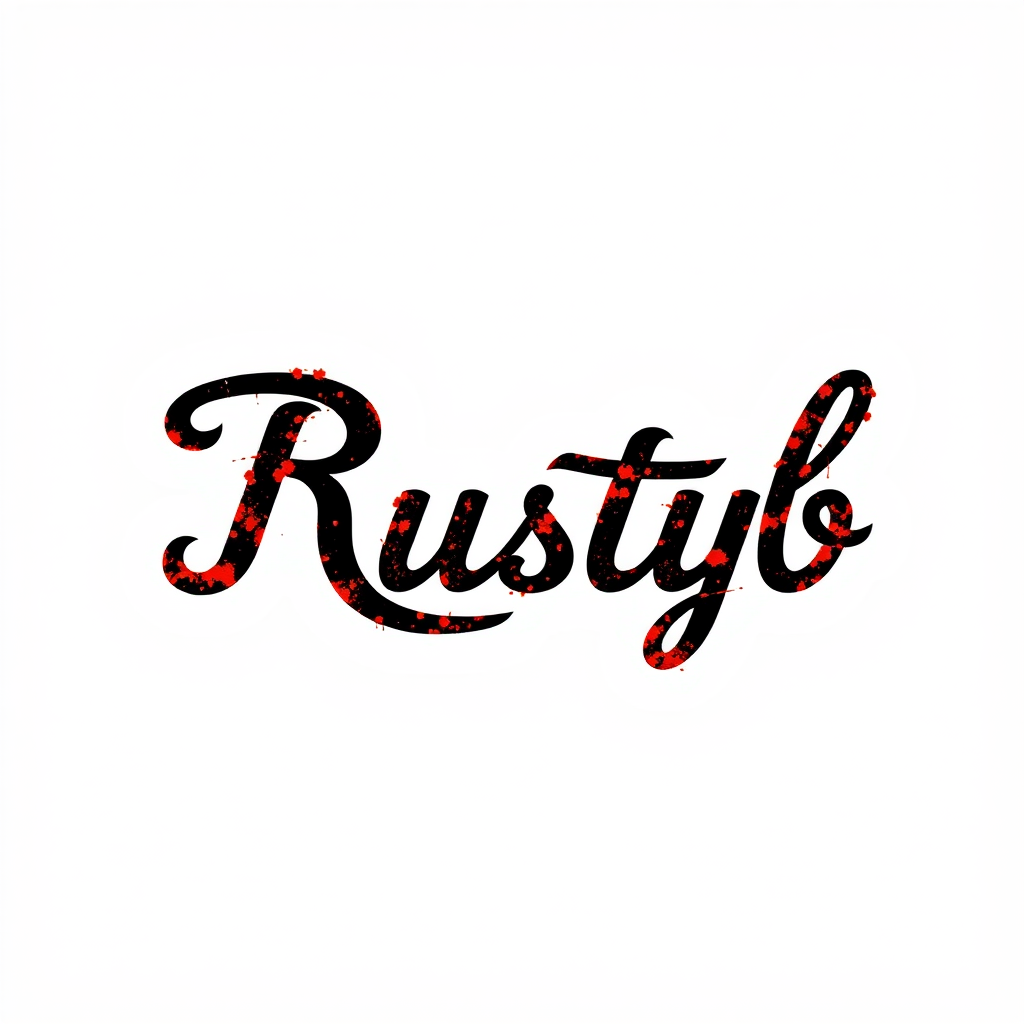 Main logo studio: "RustyB" on cursive but not elegant, letters are black and just white around the letters, and it makes it look like the letters are rusty