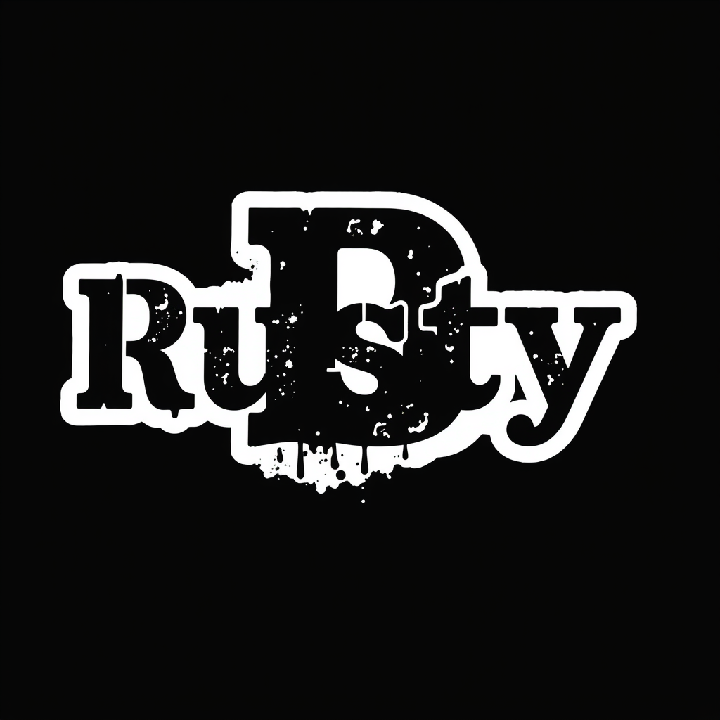 Main logo studio: "RustyB" on black and White, with a black metal font, motorbike style font, no block letters, letters are black and just white around the letters, and