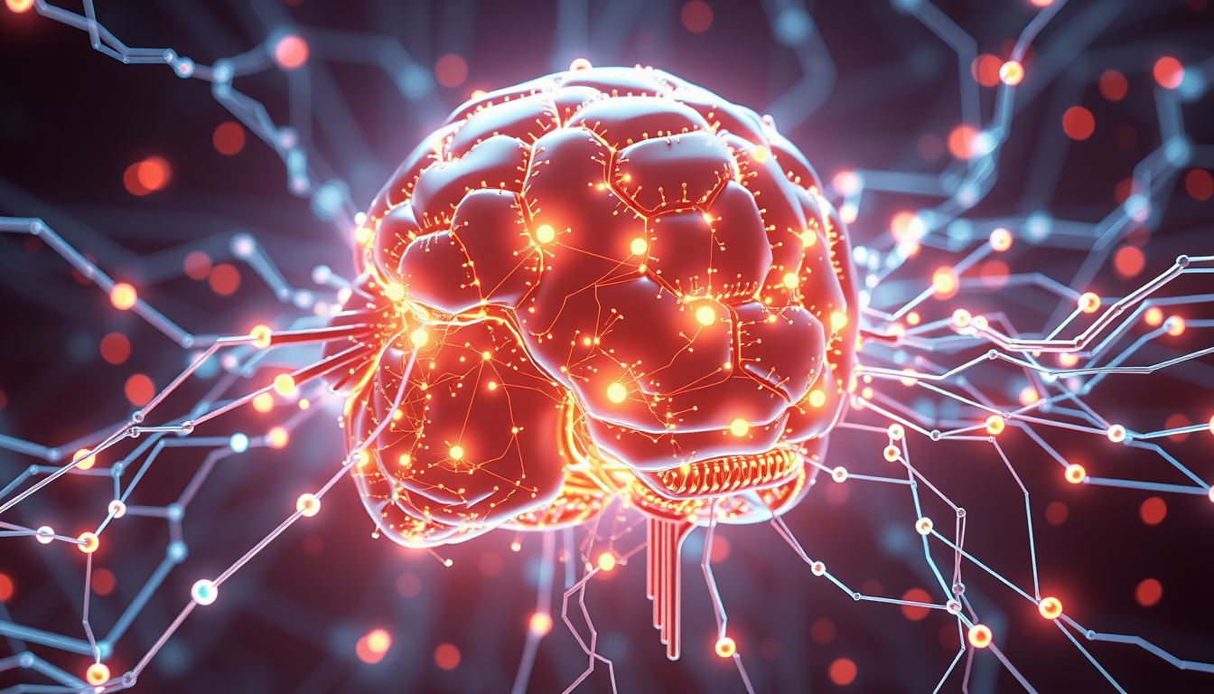 Main logo studio: Glowing artificial intelligence network transforming into human creativity, sophisticated conceptual 3D artwork