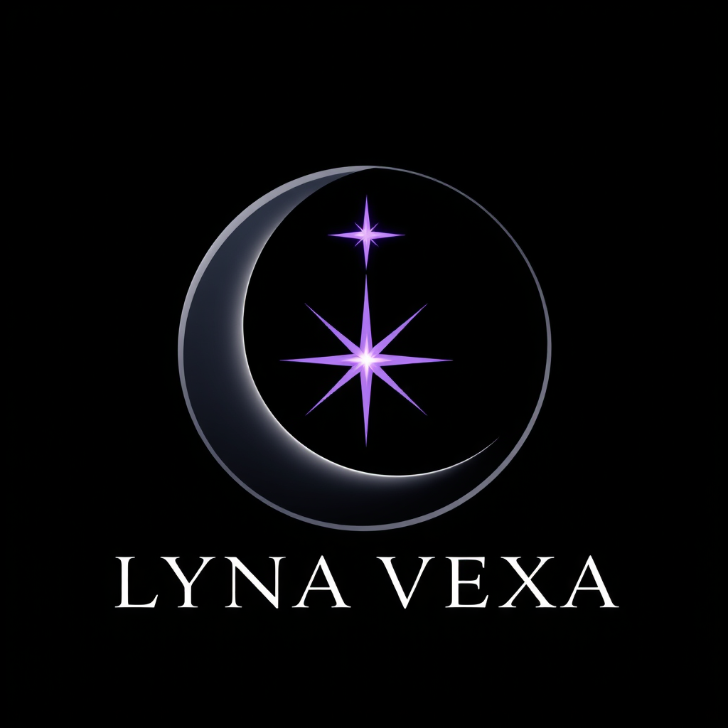 Main logo studio: LYNA VEXA — midnight cosmic logo, a delicate silver crescent embracing a glowing violet star, deep black background, elegant futuristic lettering, mys
