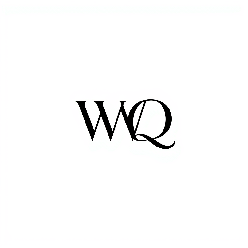 Monogram Logo idea: monogram logo combining the letters W Q , elegant intertwined letterforms, flat vector logo, centered, solid white background, high contrast, luxury b