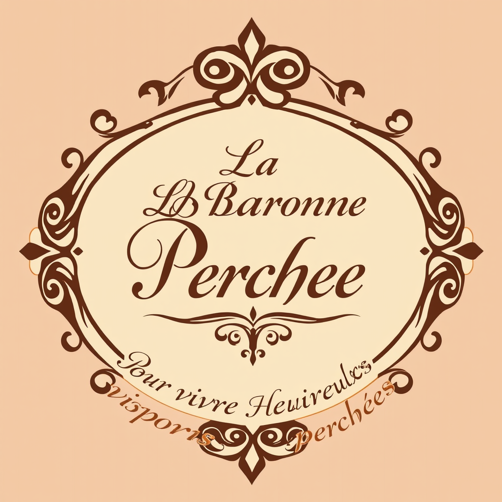 Main logo studio: Crée un logo élégant. Bicolore crème et brun . Un cadre ovale doré rococo ombré. Écris au centre : La Baronne Perchée. écriture manuscrite calligraphi