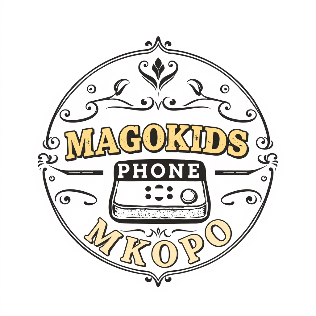 Vintage Logo idea: vintage retro logo for MAGOKIDS PHONE MKOPO , classic retro design, aged typography, hand-drawn vintage illustration style, ornamental flourishes, wea
