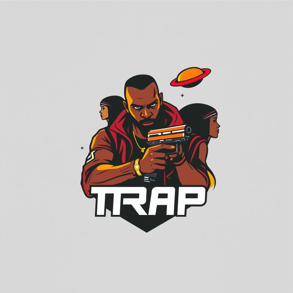 Main logo studio: Logo de trap futurista, hombre negro como figura central, actitud seria y poderosa, sosteniendo una pistola, siluetas de mujeres adultas, planeta Mart