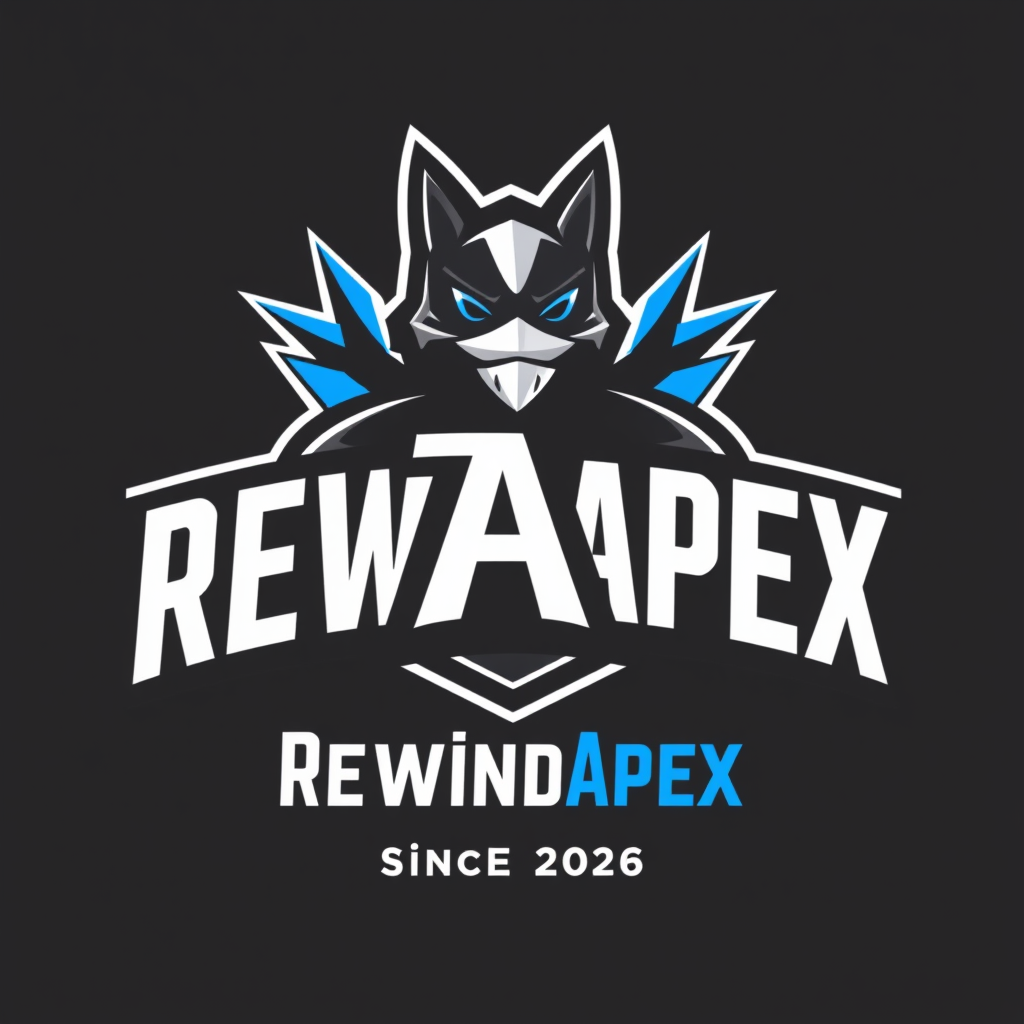 Main logo studio: Create a premium American-style YouTube mascot logo for “RewindApex”. Unique bold mascot with an RA monogram, rewind motion and apex peak. Modern, cle