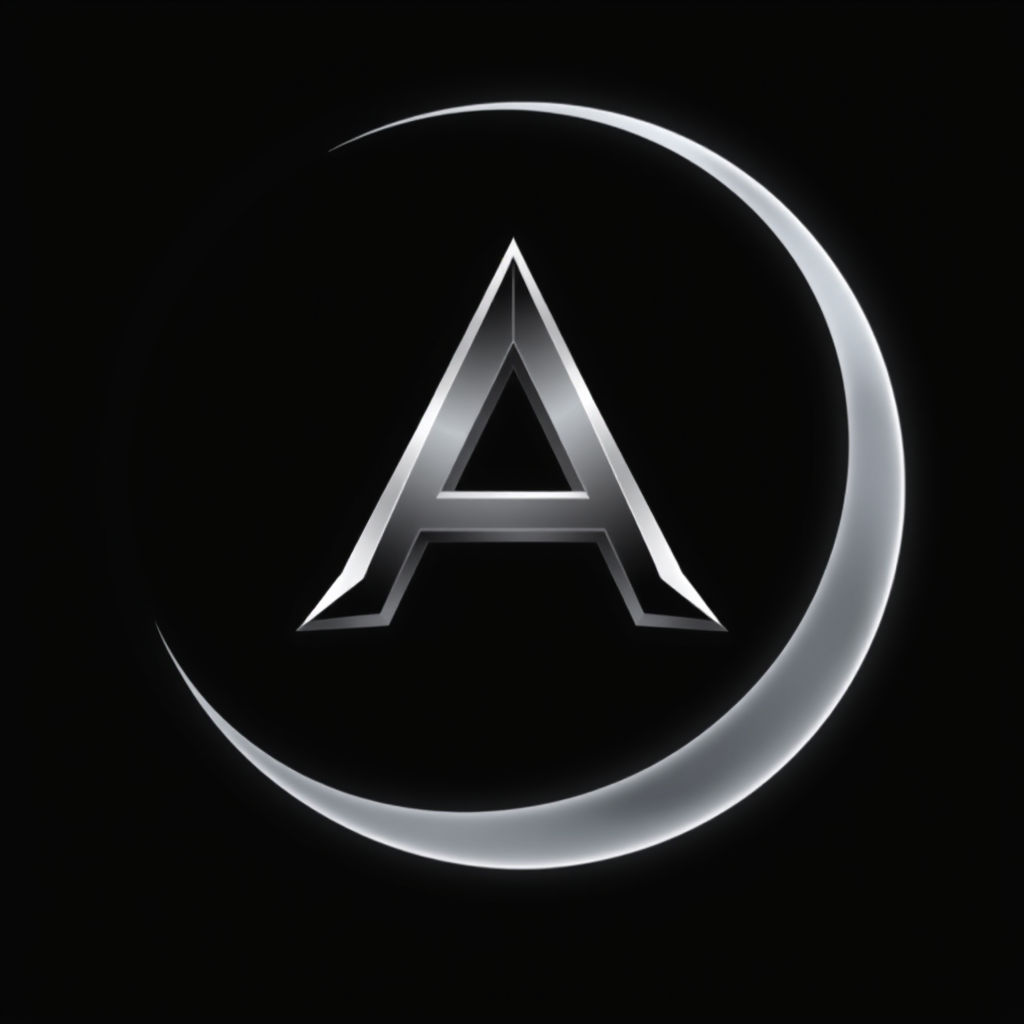 Main logo studio: Create an extremely cool, dark and mysterious YouTube profile logo for “AHMADeMOON”. A powerful stylized crescent moon combined with a sharp custom “A