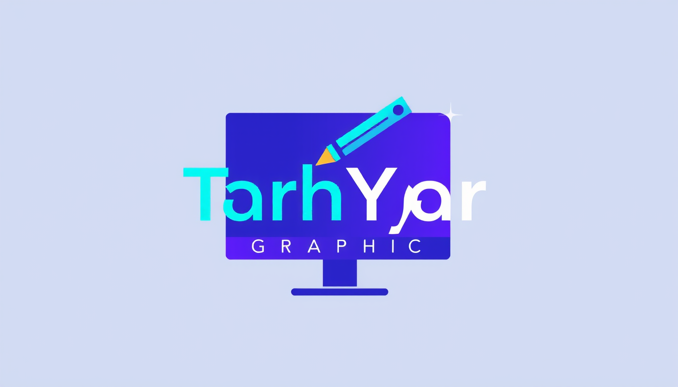 Main logo studio: Create a modern, professional logo for "TarhYar Graphic", a graphic design brand. Combine a design pen, monitor, and geometric shapes. Use blue, purpl
