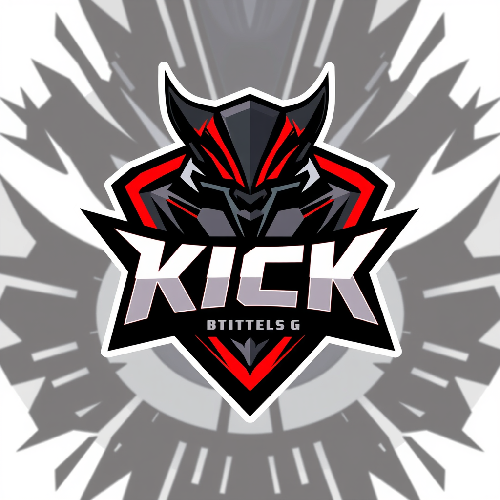 Main logo studio: Professional esports team logo for PUBG Mobile called “KICK”, aggressive futuristic mascot emblem, sharp angular typography, black and electric red co