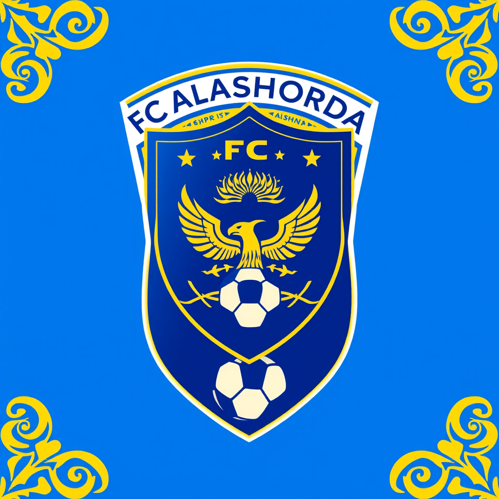 Main logo studio: Professional football club logo for FC ALASHORDA, inspired by Kazakhstan and the history of Alashorda. A powerful traditional shield crest, elegant go