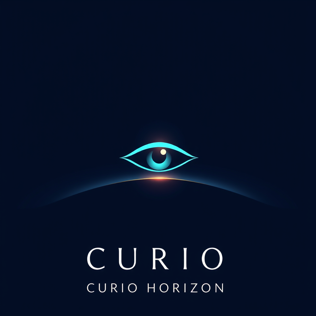 Main logo studio: Create a stunning premium logo for “CURIO HORIZON”. Use a rich deep navy background with a soft blue-to-purple atmospheric glow, subtle stars and a be