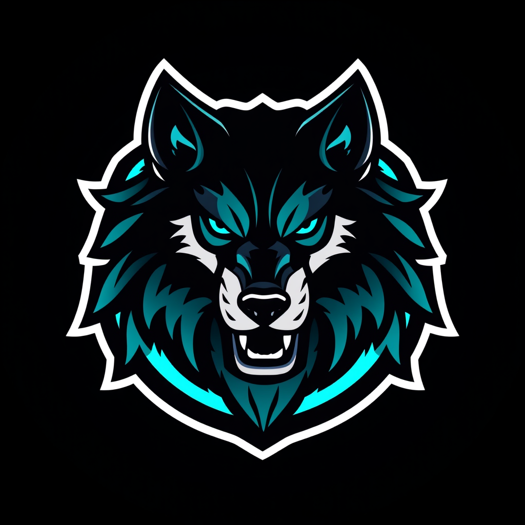 Main logo studio: bold esports team emblem logo, a roaring wolf head, black and neon teal