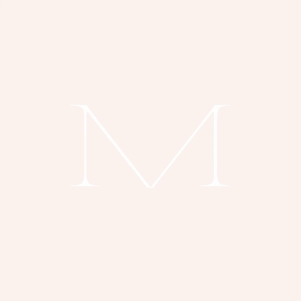 Main logo studio: Create a minimalist and professional logo in soft light pink and white. The logo must contain ONLY the letter “M” as the text. Do not write any name, 