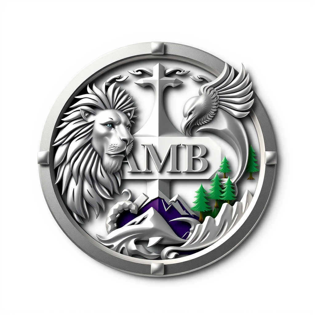 Main logo studio: Luxury futuristic emblem with only "AMB". Big in circle Make all symbols highly realistic: majestic lion, eagle, dolphin, human figure symbolizing hum