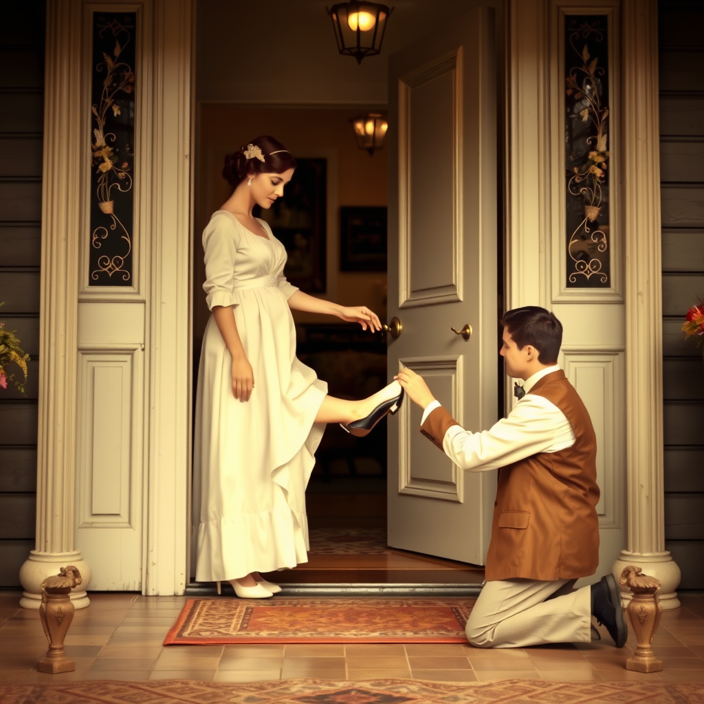 Main logo studio: An old-fashioned romantic scene inside a traditional home entrance. A woman in a white vintage dress stands on the doorstep as a kneeling man gently p