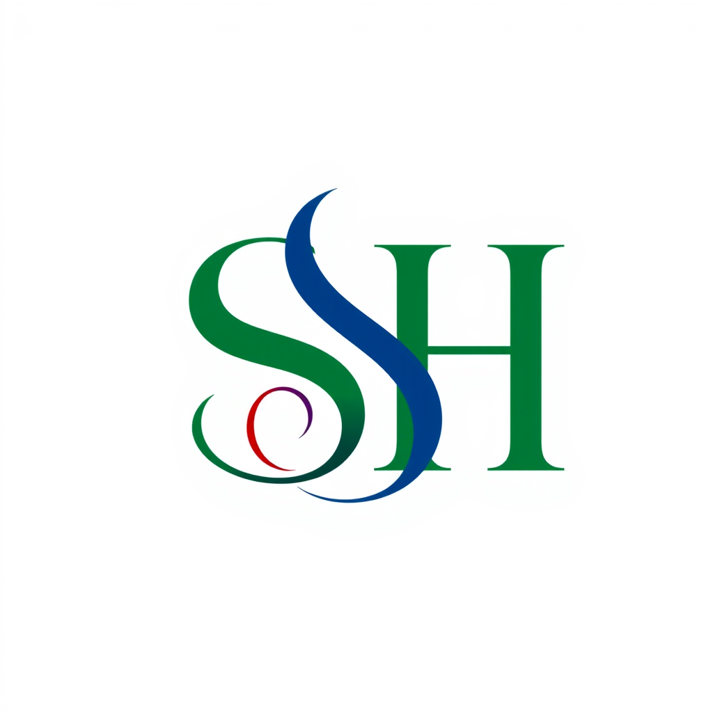 Monogram Logo idea: monogram logo combining the letters Create a monogram with the initials SH in the Arial Narrow sans-serif font, using the RGB color: red 219, green 22