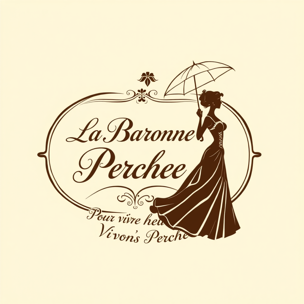 Main logo studio: Crée un logo élégant. Bicolore crème et brun . Un cadre ovale doré rococo ombré. Écris au centre : La Baronne Perchée. écriture manuscrite calligraphi