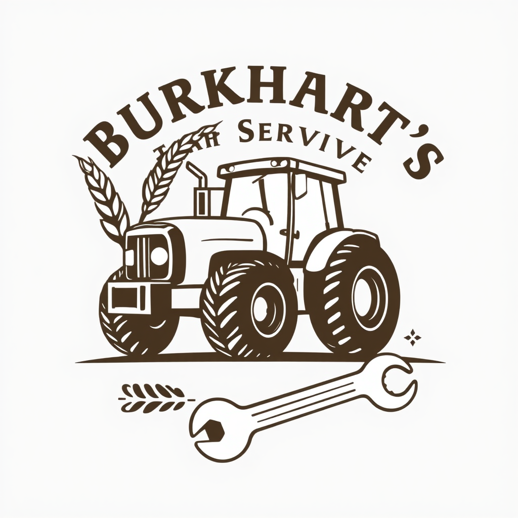 Main logo studio: Logo for farm equipment mechanic. Business name is Burkhart's Farm Service. Include a tractor and wheat and tire tread marks and a wrench.