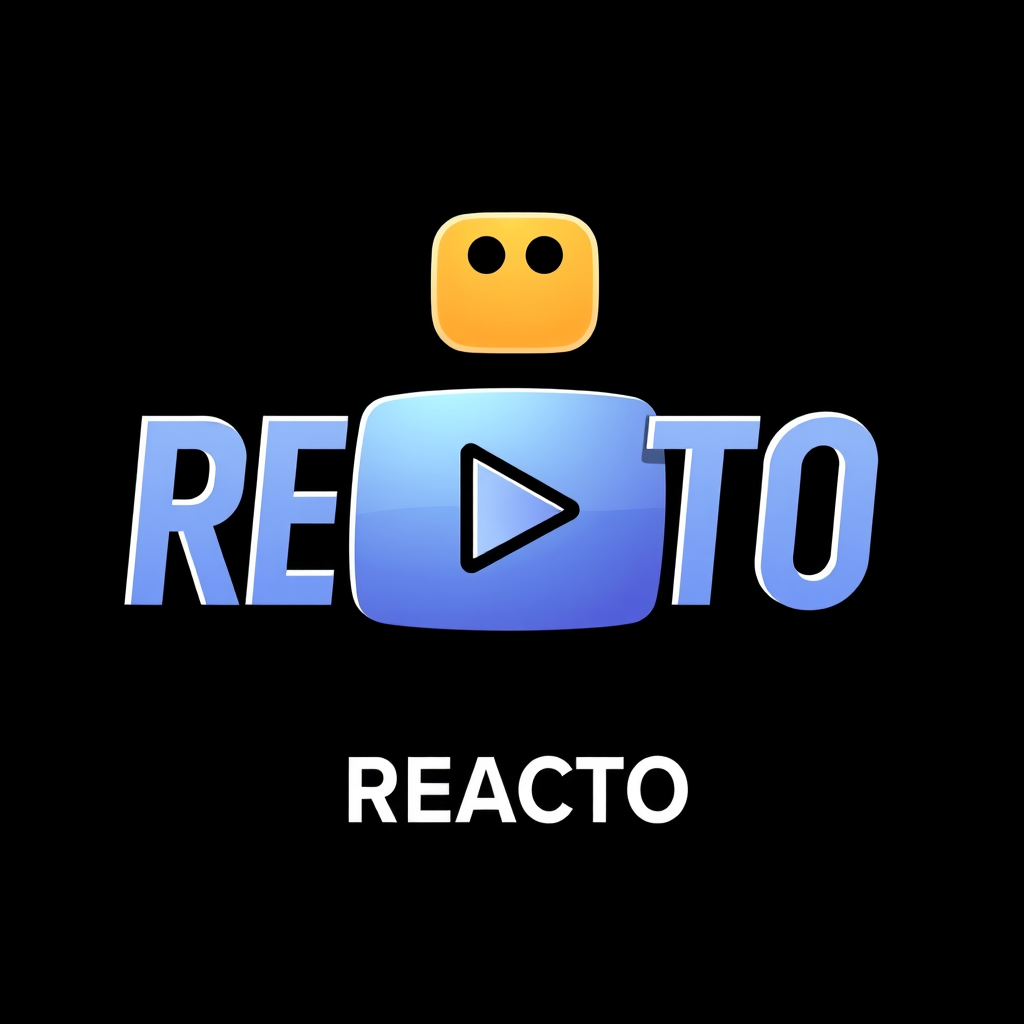Main logo studio: Viral YouTube logo for REACTO. Bold modern text, energetic reaction icon, play button, 3D style, eye-catching, premium, clean, high contrast, square p
