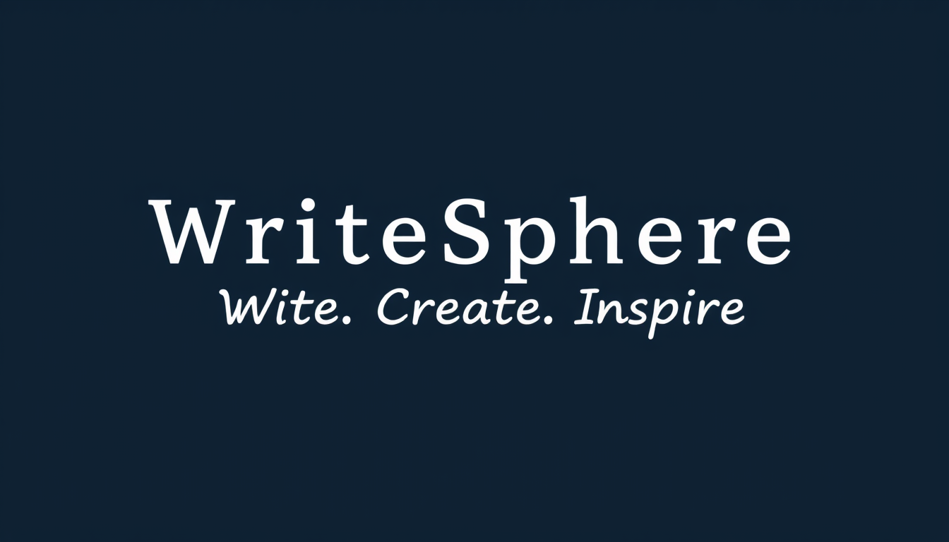 Main logo studio: YouTube banner for “WriteSphere”. Dark navy background, elegant pen and ink design, subtle creative writing elements. Add the tagline exactly: “Write.