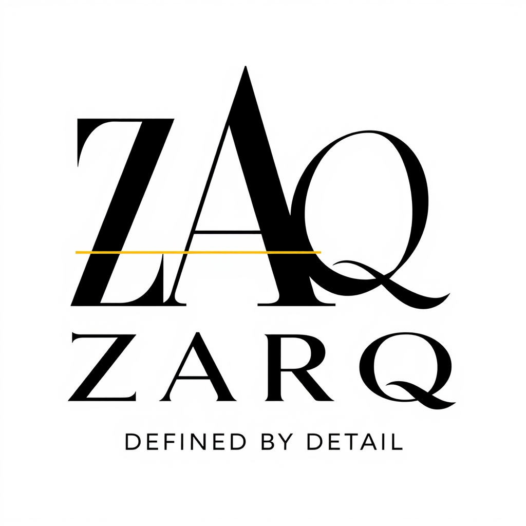 Main logo studio: ZARQ — create a distinctive black wordmark with **wide spacing, tall elegant letters, an oversized A, and a uniquely shaped Q with a long minimal tail