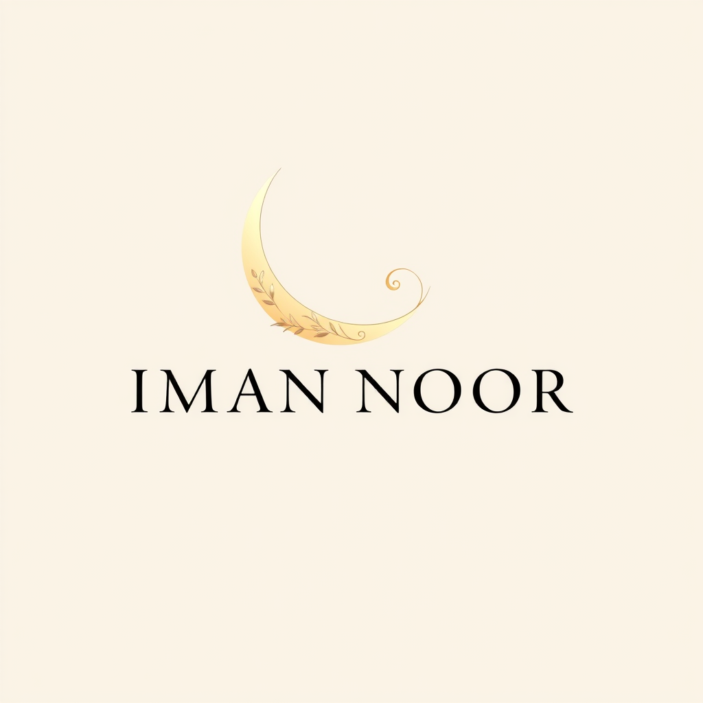 Main logo studio: Create a luxurious, elegant, and minimalist logo for a premium brand named IMAN NOOR. Feature a delicate crescent moon gracefully intertwined with ele