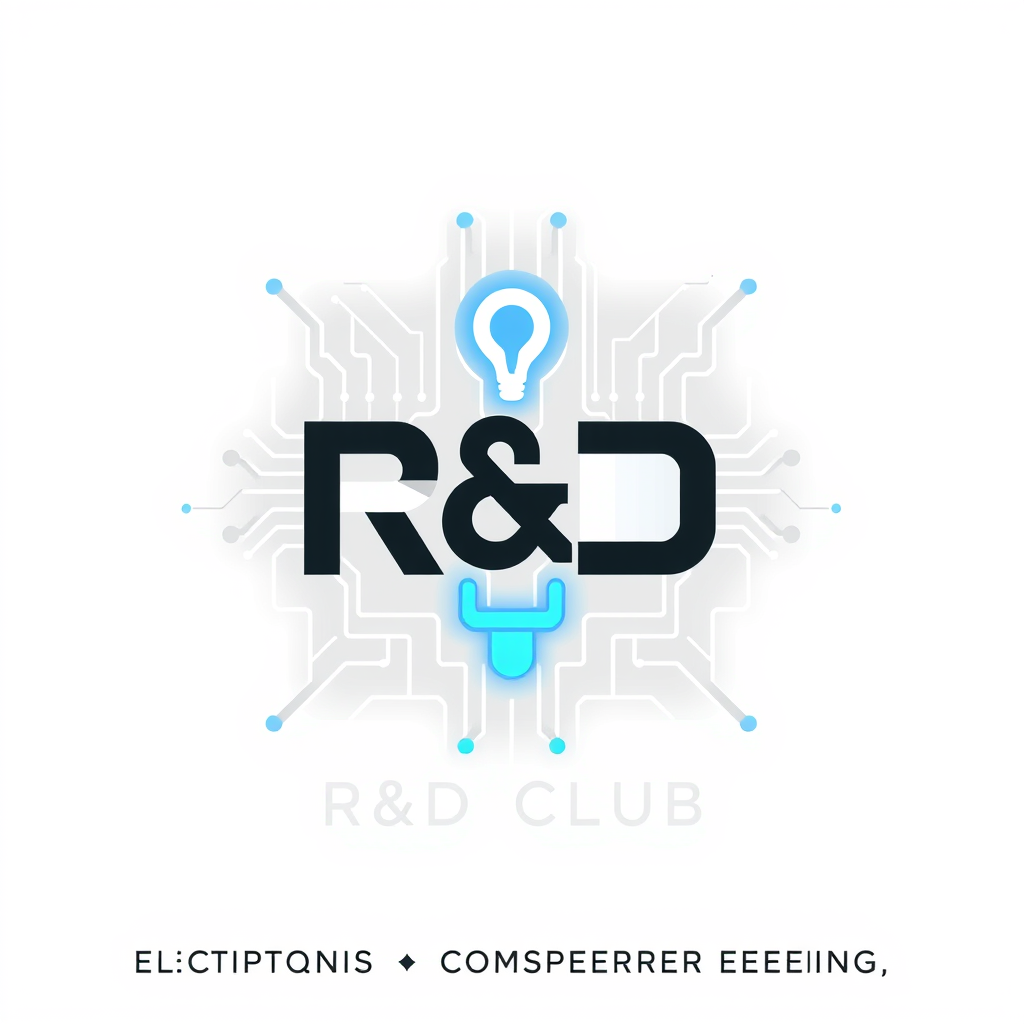 Main logo studio: Create a minimal, futuristic tech logo for an ECE Department R&D Club. Combine a clean circuit-line symbol with subtle R&D letterforms, representing e