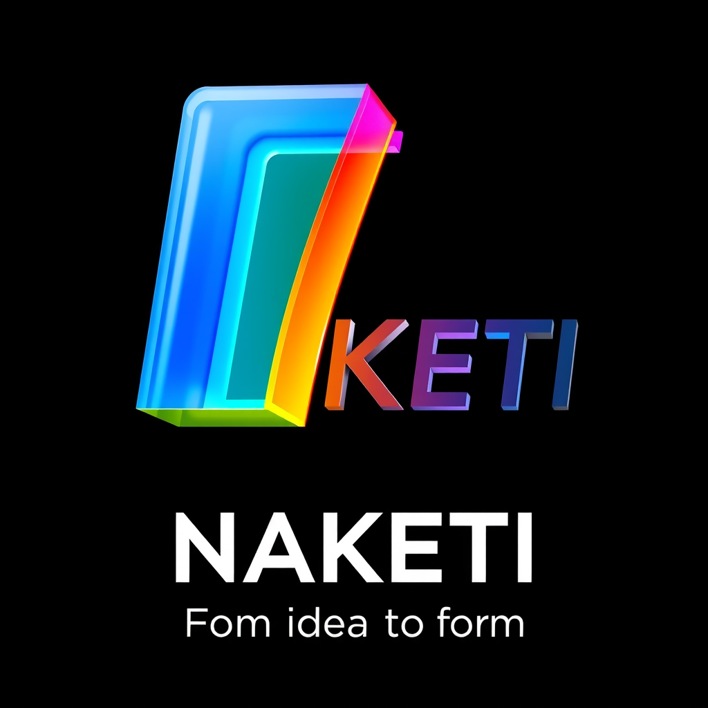 Main logo studio: A professional logo for an outdoor advertising factory named "NAKETI". The logo icon is a 3D volumetric letter "N" made of layered materials: glossy v